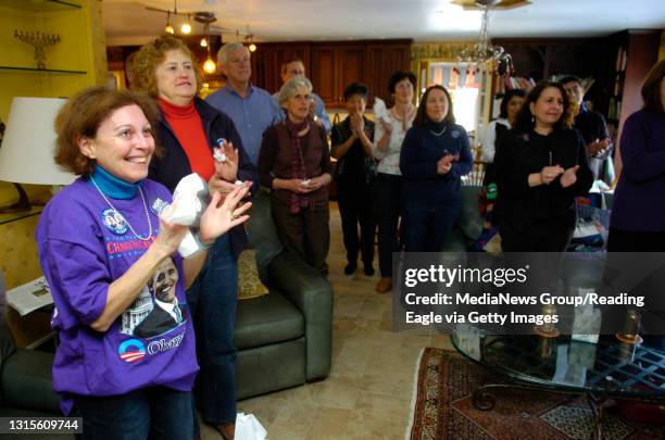 Photo Ryan McFadden Barack Obama inauguration party at Anne Sletzer house in wyomissing; left is Anne Seltzer. She is crying and holding a tissue...