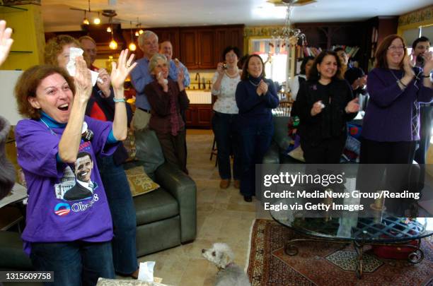 Photo Ryan McFadden Barack Obama inauguration party at Anne Sletzer house in wyomissing; left is Anne Seltzer. She is crying and holding a tissue...