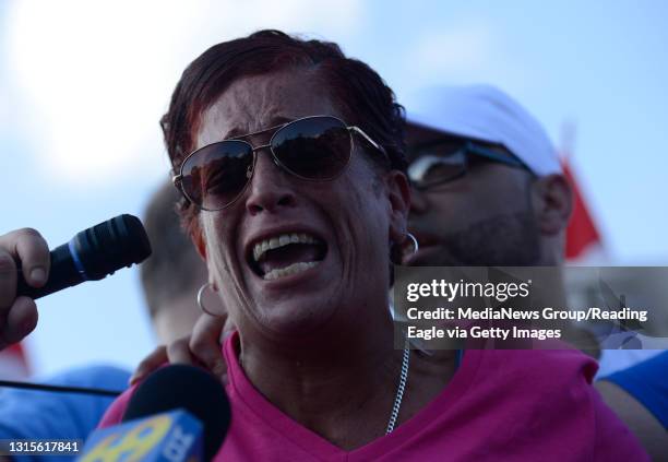Ruth Santos, Joey's ex-wife, cries while speaking to the crowd. Over 150 gather at Hamilton Blvd and Lincoln Ave. In South Whitehall Township on...
