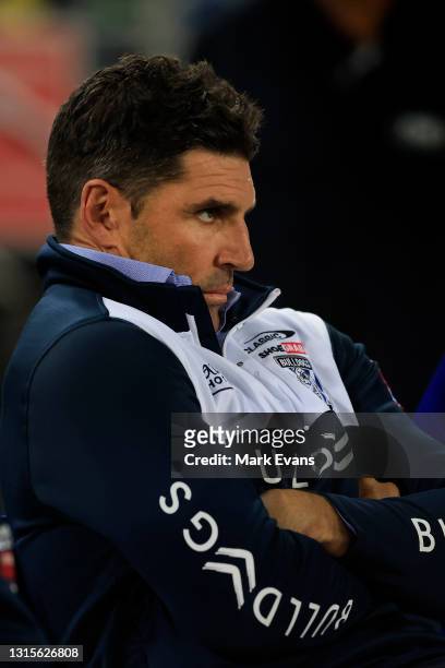 Bulldogs coach Trent Barrett looks on during the round eight NRL match between the Canterbury Bulldogs and the Parramatta Eels at Stadium Australia,...