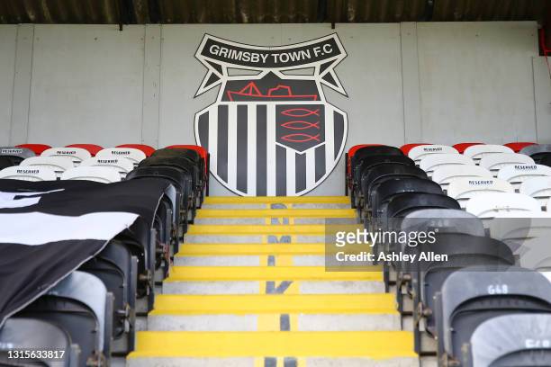 General view of empty seats ahead of the Sky Bet League Two match between Grimsby Town and Port Vale at Blundell Park on May 01, 2021 in Grimsby,...