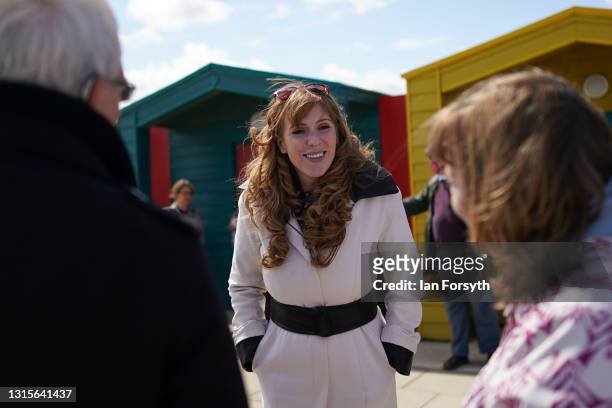 Angela Rayner, Deputy Leader and Chair of the Labour Party speaks with members of the public during a visit to Seaton Carew seafront on May 01, 2021...