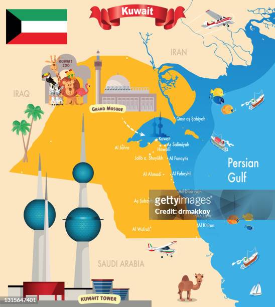 kuwait map - kuwait towers stock illustrations