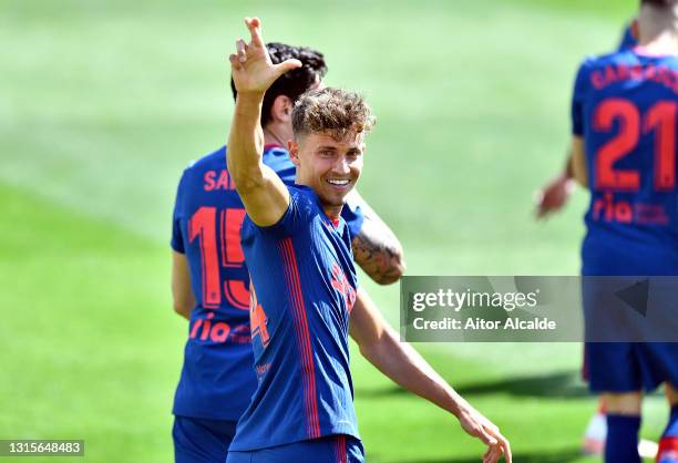 Marcos Llorente of Atletico Madrid celebrates after scoring their team's first goal during the La Liga Santander match between Elche CF and Atletico...