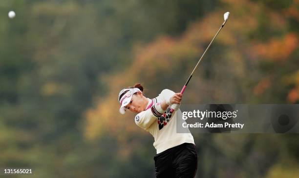 Chie Arimura of Japan plays a shot during the final round of the Mizuno Classic at Kintetsu Kashikojima Country Club on November 6, 2011 in Shima,...