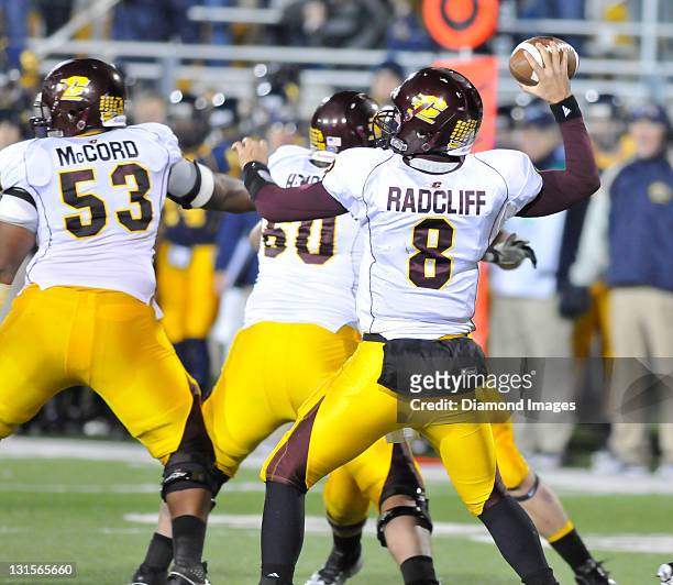 Quarterback Ryan Radcliff of the Central Michigan Chippewas sets up to throw a pass during a game with the Kent State Golden Flashes at Dix Stadium...