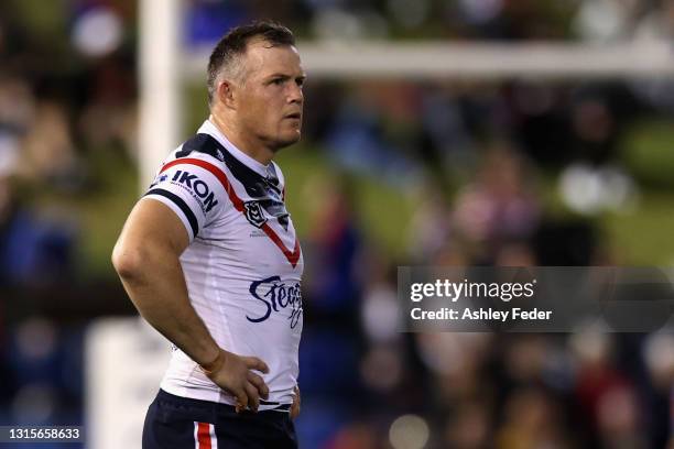 Brett Morris of the Roosters looks on during the round eight NRL match between the Newcastle Knights and the Sydney Roosters at McDonald Jones...