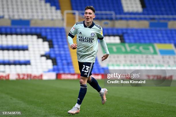 Harry Wilson of Cardiff City celebrates after scoring their side's fourth goal and his hat trick during the Sky Bet Championship match between...