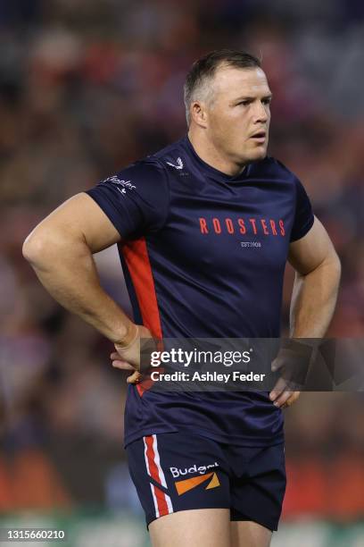 Brett Morris of the Roosters looks on during the round eight NRL match between the Newcastle Knights and the Sydney Roosters at McDonald Jones...