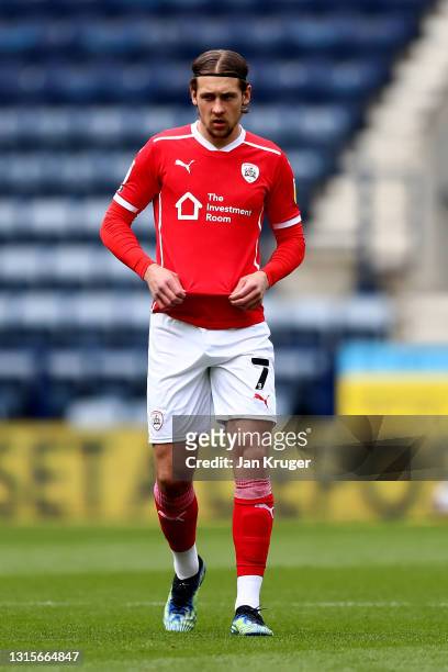 Callum Britain of Barnsley during the Sky Bet Championship match between Preston North End and Barnsley at Deepdale on May 01, 2021 in Preston,...