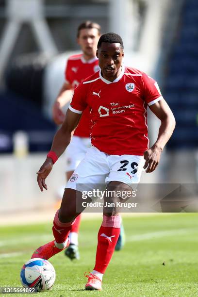 Victor Adeboyejo of Barnsley during the Sky Bet Championship match between Preston North End and Barnsley at Deepdale on May 01, 2021 in Preston,...