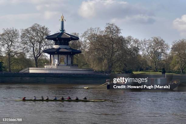 roweing past battersea peace pagoda - battersea park stock pictures, royalty-free photos & images