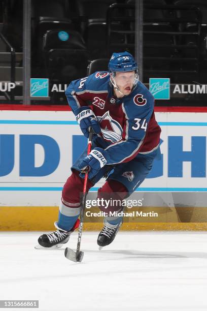 Carl Soderberg of the Colorado Avalanche skates against the San Jose Sharks at Ball Arena on April 30, 2021 in Denver, Colorado.