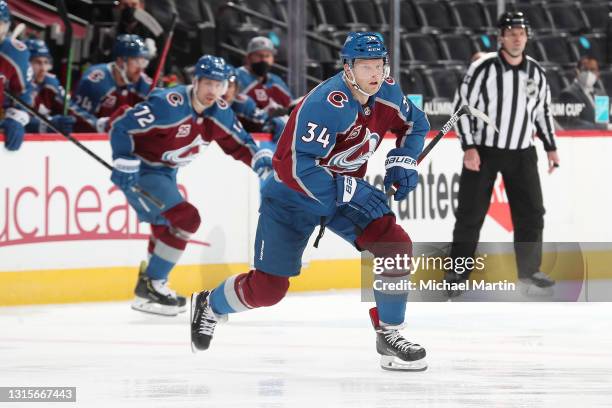 Carl Soderberg of the Colorado Avalanche takes to the ice against the San Jose Sharks at Ball Arena on April 30, 2021 in Denver, Colorado.