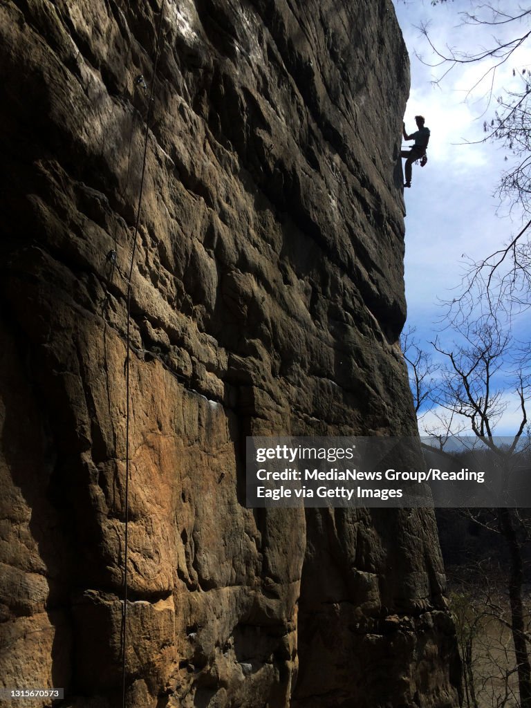 Max Snyder, 23, of Macungie, left, leads a climb at Summersville Lake in West Virginia. Photo by Natalie Kolb 5/1/2015