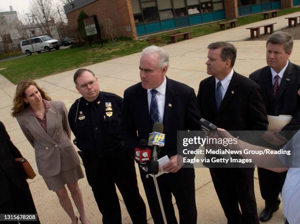 Photo Ryan McFadden 200500905 at Lauer's Park Elementary School; speaking to media are from left M Theresa Johnson Berks Co Assistant Dist Attorney,...