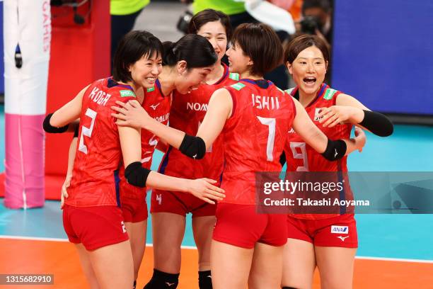 Japan celebrates a point during the women's international volleyball game between Japan and China at the Ariake Arena on May 01, 2021 in Tokyo, Japan.