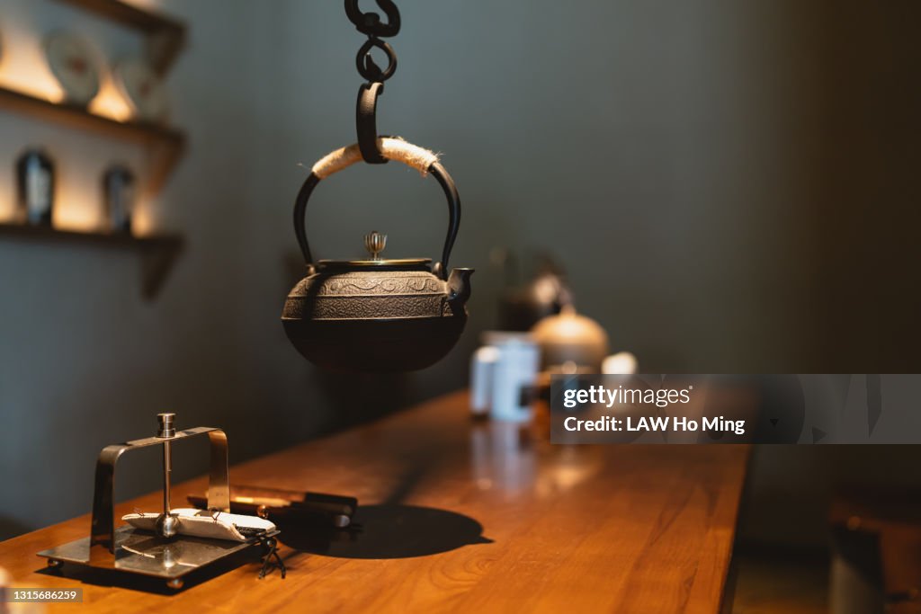 Tea pots and tea sets in the tea room
