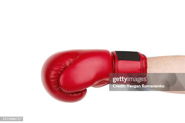 red boxing glove on men's hand isolated on white - red glove stockfoto's en -beelden