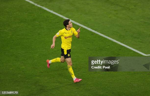 Giovanni Reyna of Borussia Dortmund celebrates after scoring their side's first goal during the DFB Cup semi final match between Borussia Dortmund...