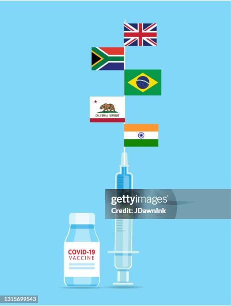 stockillustraties, clipart, cartoons en iconen met covid-19 griepvirus vaccin spuit en fles concept met nationale vlaggen van variant oorsprong op blauwe achtergrond - b117 covid 19 variant