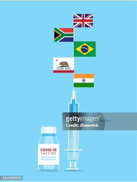 ilustrações, clipart, desenhos animados e ícones de covid-19 vacina contra vírus da gripe seringa e conceito de garrafa com bandeiras nacionais de origens variantes em fundo azul - b117 covid 19 variant
