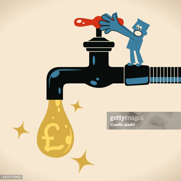 blue man turning on or turning off the tap (faucet) to solve the water leak (water droplet of british pound currency sign) - leaking stock illustrations