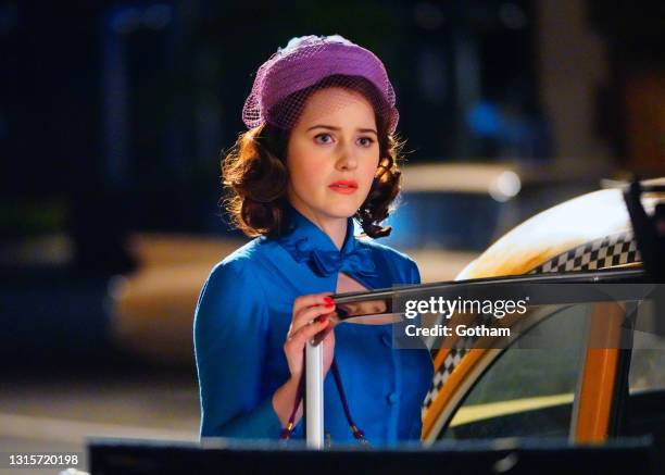 Rachel Brosnahan is seen filming a scene for 'The Marvelous Mrs. Maisel' on May 01, 2021 in New York City.