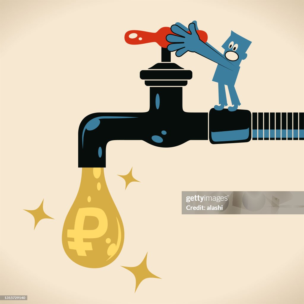Blue Man Turning On Or Turning Off The Tap High-Res Vector Graphic - Getty  Images