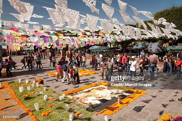 decorative flags and marigolds forday of the dead. - dead girl imagens e fotografias de stock