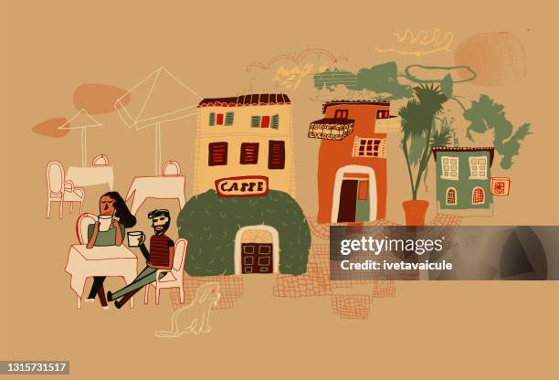 couple drinking coffee at the cafe in rome - couple having coffee stock illustrations