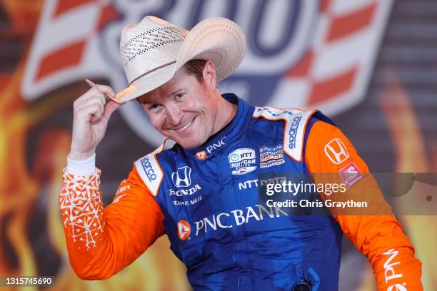 Scott Dixon of New Zealand, driver of the PNC Bank Chip Ganassi Racing Honda, celebrates in Victory Lane after winning the NTT IndyCar Series Genesys...