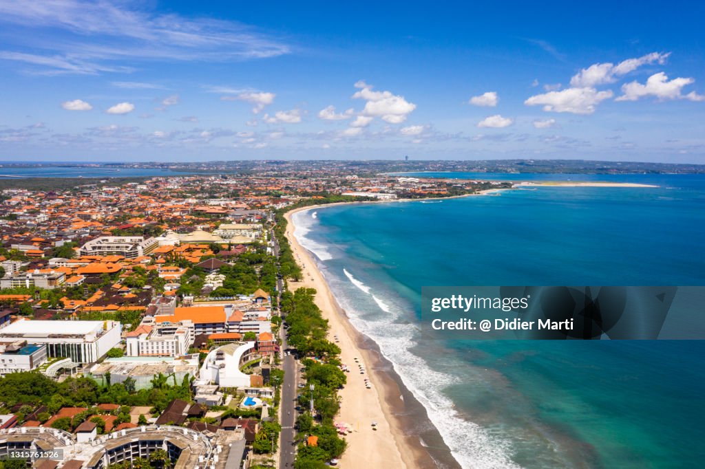 Dramatic aerial view of the famous Kuta beach in Bali, Indonesia