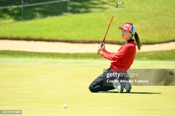 Momoko Ueda of Japan reacts after missing the birdie putt on the 9th green during the final round of the Panasonic Open at the Hamano Golf Club on...