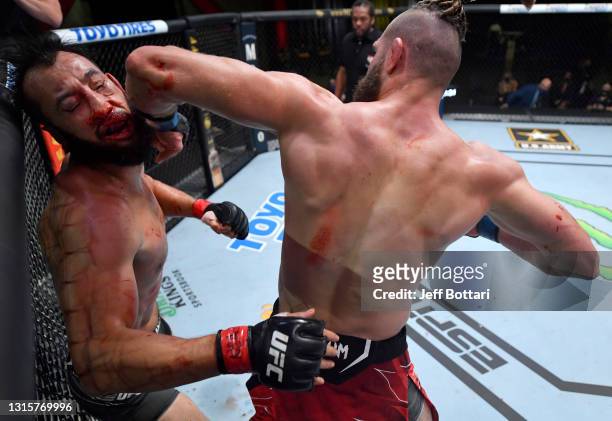 Jiri Prochazka of the Czech Republic knocks out Dominick Reyes in a light heavyweight bout during the UFC Fight Night event at UFC APEX on May 01,...