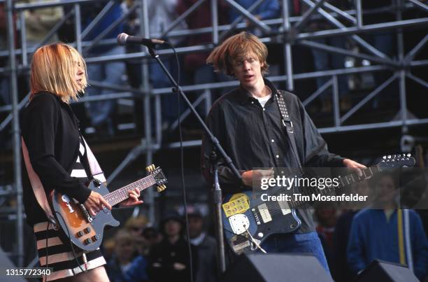 Kim Gordon and Thurston Moore of Sonic Youth perform during the Tibetan Freedom Concert at the Polo Fields in Golden Gate Park on June 16, 1996 in...