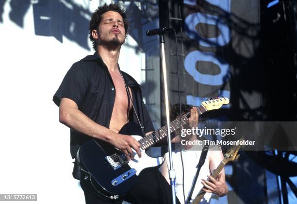 Chris Cornell and Ben Shepherd of Soundgarden performs during Lollapalooza at Winnebago County Fairgrounds on June 30, 1996 in Rockford, Illinois.