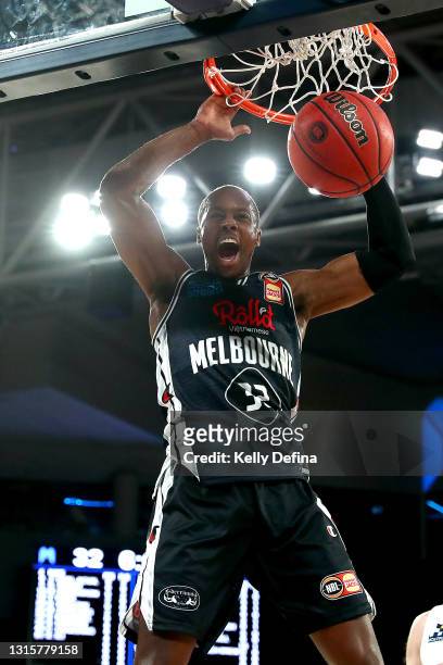 Scotty Hopson of United dunks during the round 16 NBL match between Melbourne United and Sydney Kings at John Cain Arena, on May 02 in Melbourne,...