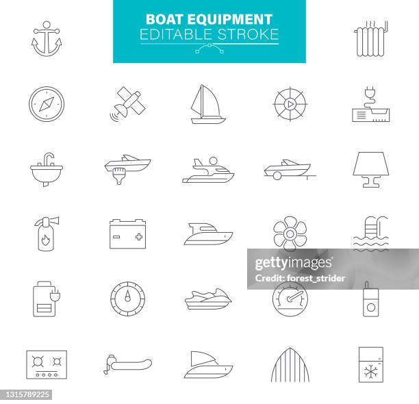 boot ausrüstung icons editable schlaganfall. enthält symbole wie segelboot, schiff, seeschiff, angeln, yacht - motorboot see stock-grafiken, -clipart, -cartoons und -symbole