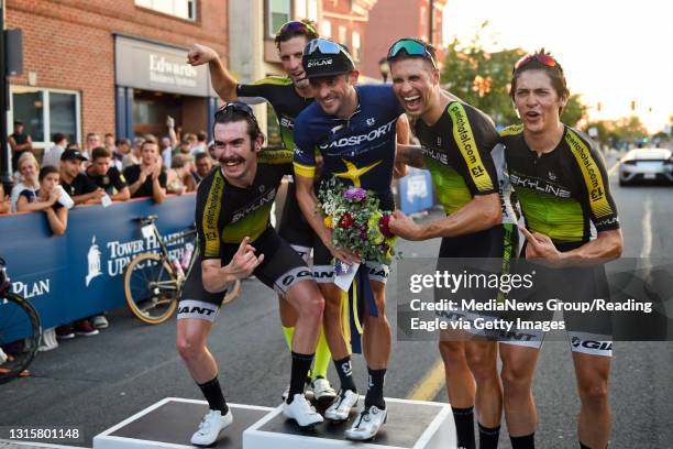 Team Skyline racers from left; David Dawson, John DeLong, Adam Carr, Ryan DeWald and Sait Arana pose together after the completion of the the Men's...