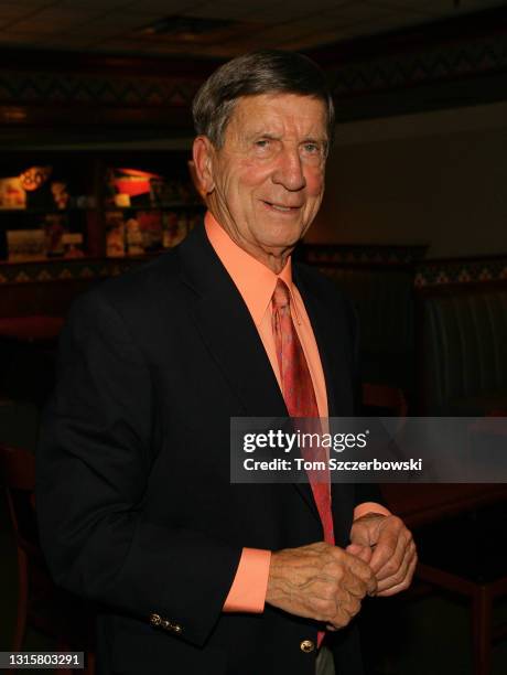 Former Detroit Red Wings player and Hall of Fame member Ted Lindsay poses before taking part in a roundtable discussion at Joe Louis Arena on January...