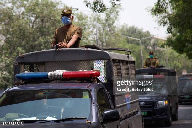 Police patrol to enforce lockdown measures on May 02, 2021 in Lahore, Pakistan. Lahore was put under a full lockdown on Saturday and Sunday to curb...