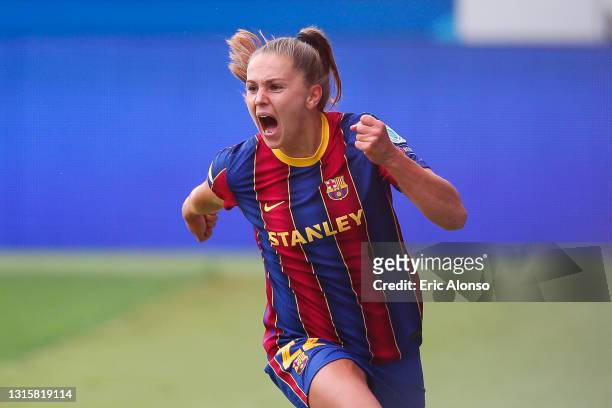 Lieke Martens of FC Barcelona celebrates scoring his side's first goal in the 8th minute during the UEFA Women's Champions League Semi Final match...