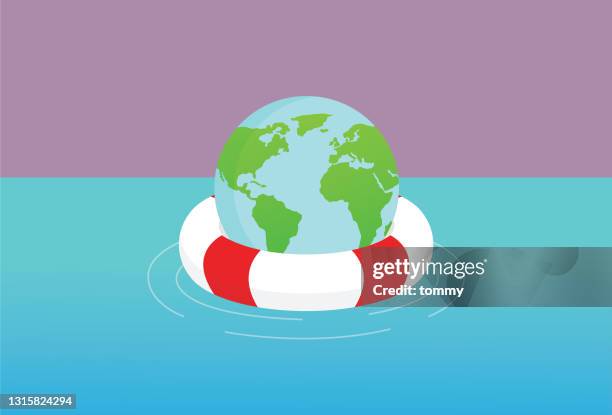 globe float with a lifebuoy in a sea - buoy stock illustrations