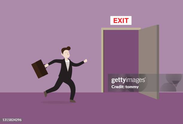 businessman runs to the exit door - saying goodbye at door stock illustrations