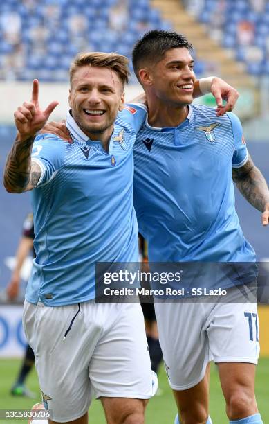 Ciro Immobile of SS Lazio celebrates their second goal from the penalty spot during the Serie A match between SS Lazio and Genoa CFC at Stadio...