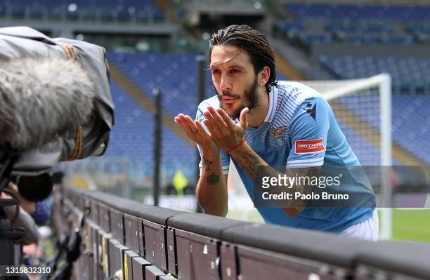 Luis Alberto of SS Lazio celebrates after scoring their team's third goal during the Serie A match between SS Lazio and Genoa CFC at Stadio Olimpico...