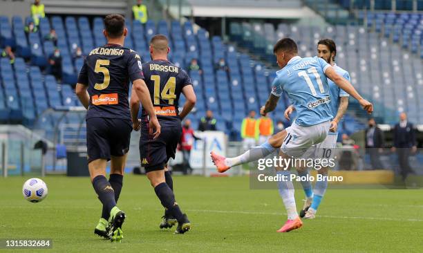 Joaquon Correa of SS Lazio scores their team's fourth goal during the Serie A match between SS Lazio and Genoa CFC at Stadio Olimpico on May 02, 2021...