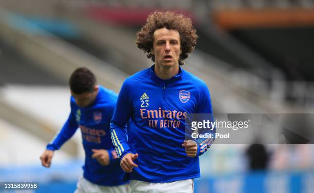 David Luiz of Arsenal looks on prior to the Premier League match between Newcastle United and Arsenal at St. James Park on May 02, 2021 in Newcastle...