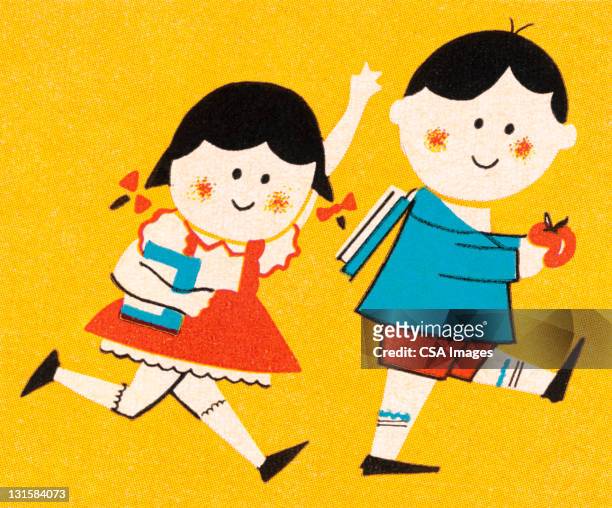 illustrations, cliparts, dessins animés et icônes de boy and girl on their way to school - enfant vintage ecole